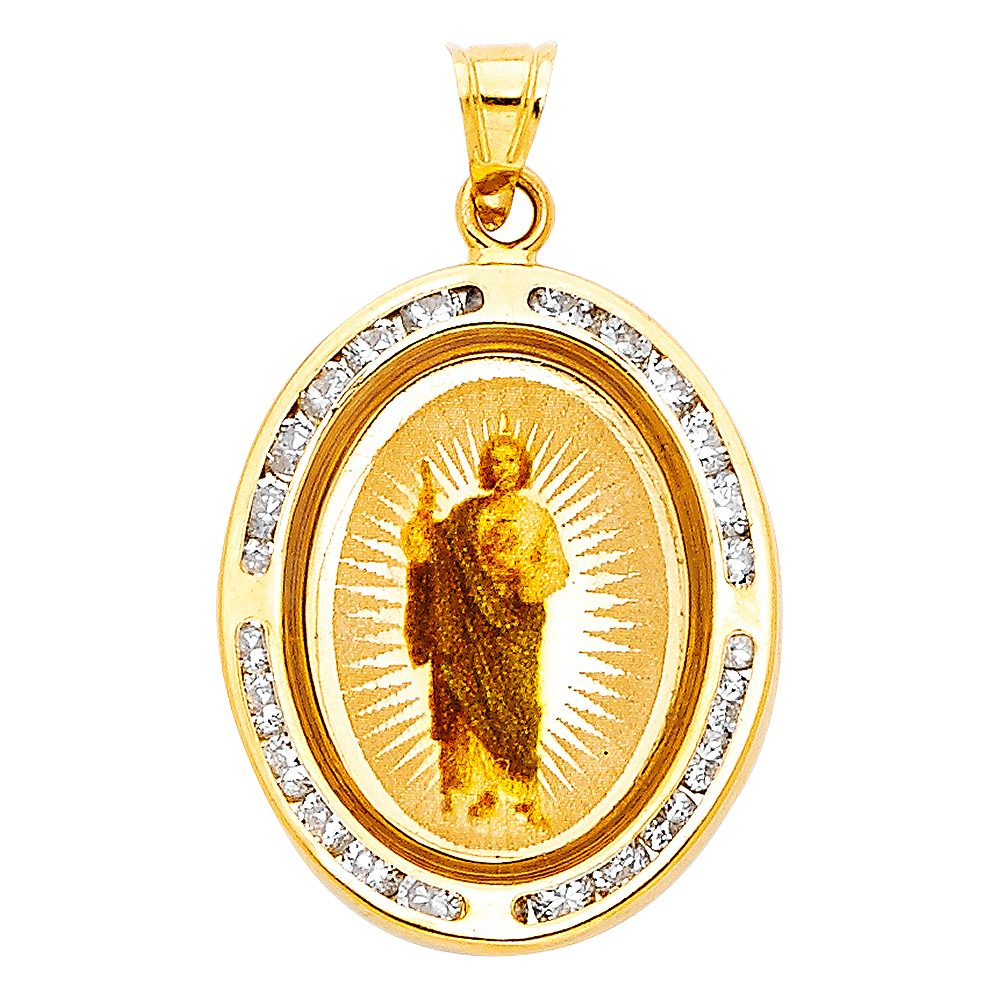14K Yellow Gold Small Religious Cz St. Judehaddeus Picture Charm Pendant
